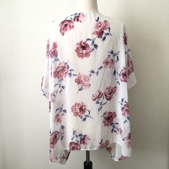 Audrey 3+1 pink blue floral print on white ivory open kimono short sleeve top - Picture 3 of 5